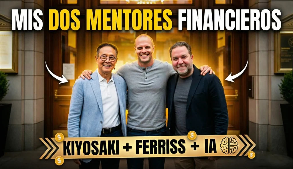 Robert Kiyosaki, Javier Fuentes y Tim Ferriss sonriendo juntos frente a una entrada de edificio. El texto principal en la parte superior dice "MIS DOS MENTORES FINANCIEROS". En la parte inferior, una pancarta dorada con iconos de monedas y un cerebro electrónico dice "KIYOSAKI + FERRISS + IA". Flechas blancas señalan a los tres autores.