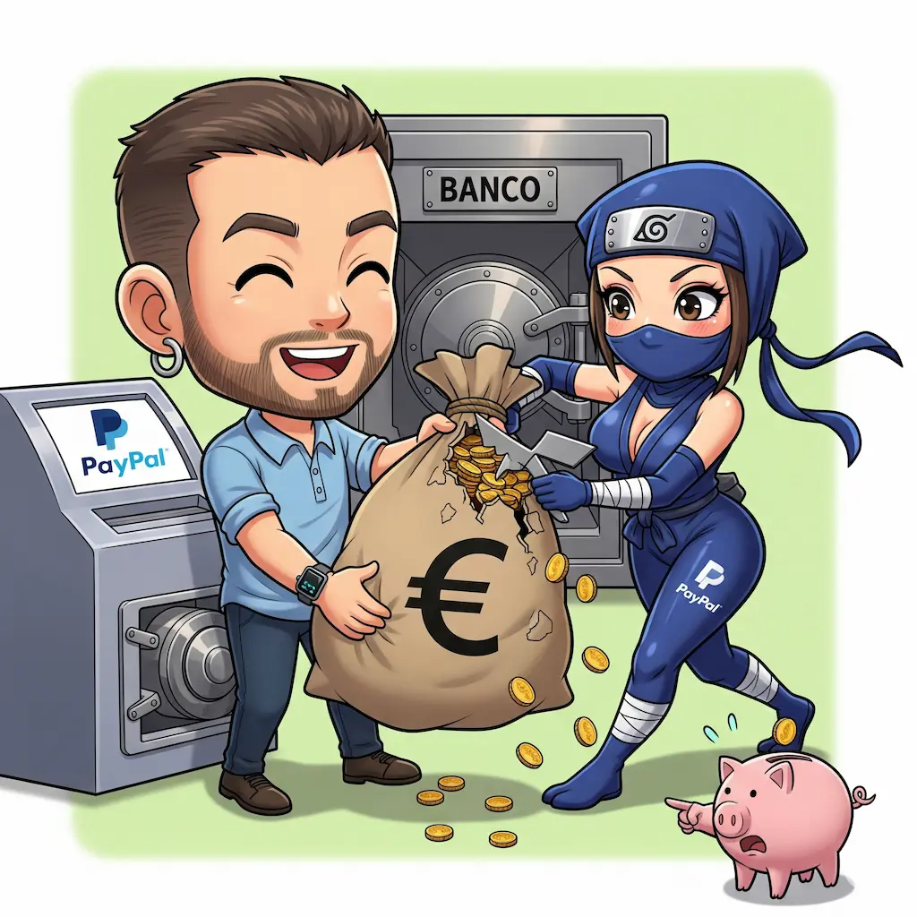 Hombre transfiriendo dinero de PayPal a su banco, mientras una ninja que simboliza las comisiones le roba monedas de la saca, ante la mirada horrorizada de una hucha de cerdito.