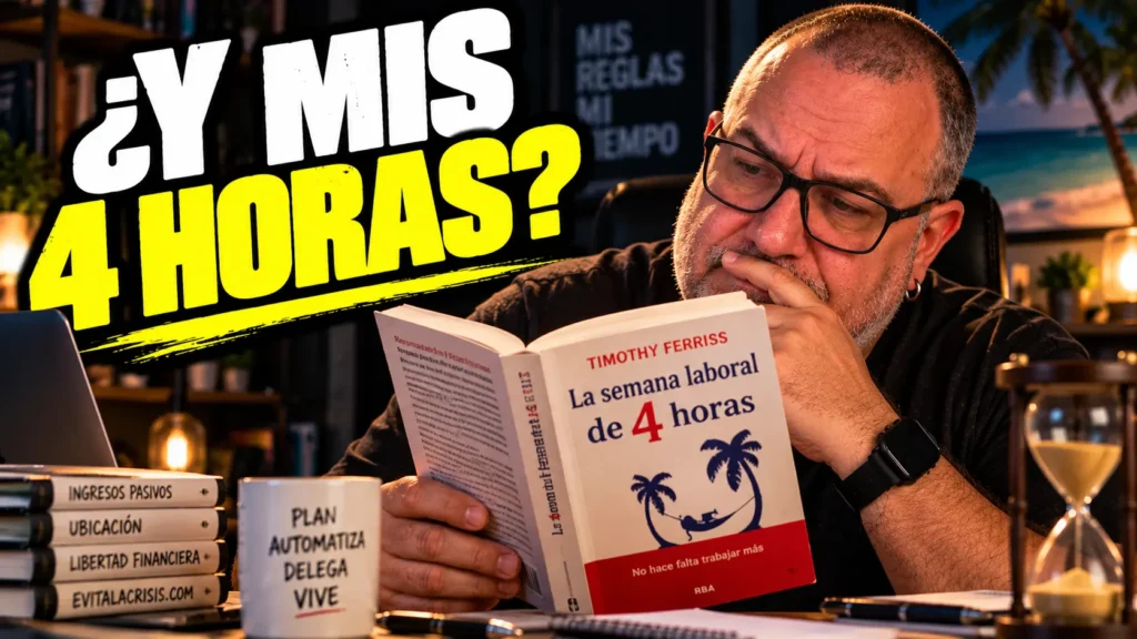 Javier Fuentes, leyendo el libro La semana laboral de 4 horas de Tim Ferriss, cuestiona la promesa de trabajar solo cuatro horas semanales.