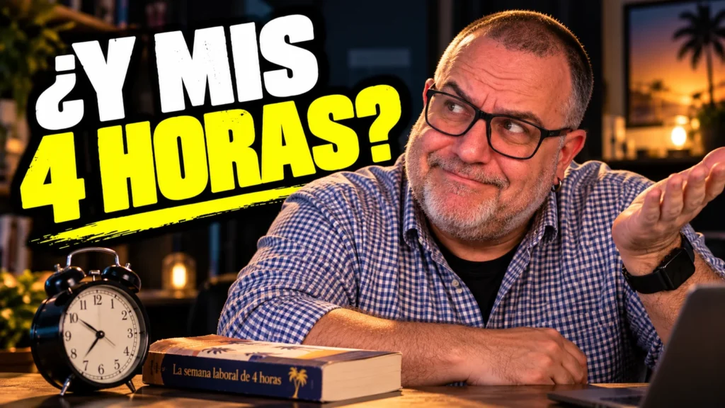 Javier Fuentes, con expresión irónica junto a un reloj y el libro La semana laboral de 4 horas de Tim Ferriss, cuestiona la promesa de trabajar solo cuatro horas semanales.