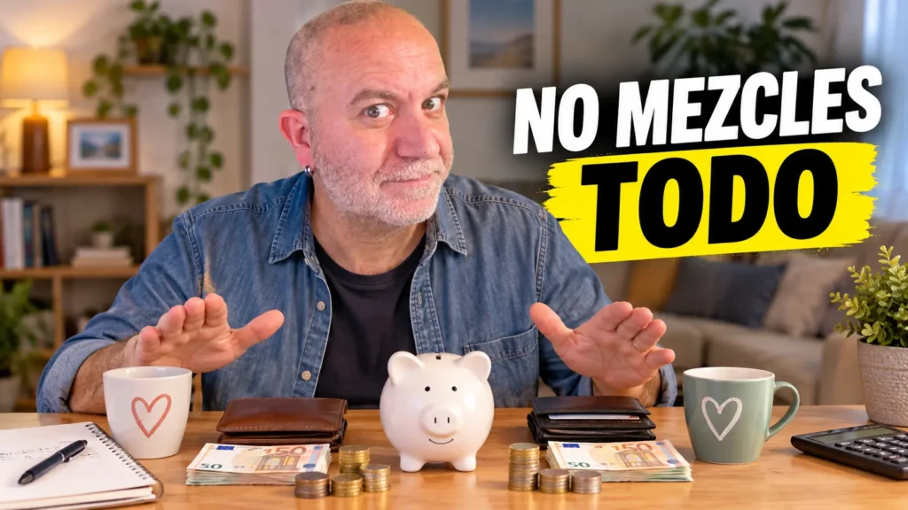 Javier Fuentes con gesto de advertencia explicando las finanzas en pareja y el mensaje “No mezcles tus finanzas”, para mostrar cómo organizar el dinero sin discutir.