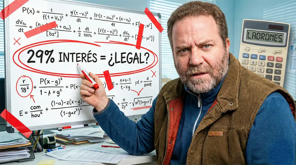 Javier Fuentes señala con incredulidad una pizarra blanca llena de fórmulas y un gran círculo rojo que dice "29% INTERÉS = ¿LEGAL?". Hay cinta roja de "censurado" sobre partes de la pizarra. Una calculadora con la palabra "LADRONES" en la pantalla está en el fondo. Texto Alt: Miniatura de YouTube con un hombre de mediana edad con chaleco señalando una pizarra caótica con el texto "29% INTERÉS = ¿LEGAL?" en rojo. Una calculadora con la palabra "LADRONES" en la pantalla.
