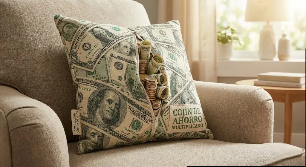 Primer plano de un cojín decorativo en un sillón con estampado de billetes de dólares. El cojín tiene una cremallera abierta por la que rebosan fajos de billetes y monedas, y lleva una etiqueta cosida que dice 'Cojín de Ahorro Multiplicado', simbolizando la acumulación y rentabilidad del ahorro.