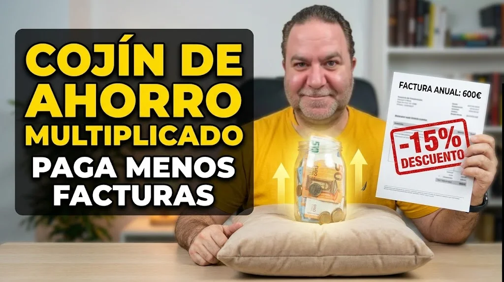 Javier Fuentes sonriendo tras un escritorio, mostrando el método del Cojín de Ahorro Multiplicado. Sobre un cojín hay un bote de cristal lleno de euros con flechas de crecimiento, y en su mano sostiene una factura anual de 600€ con un sello rojo de 15% de descuento, ilustrando cómo pagar menos en facturas.