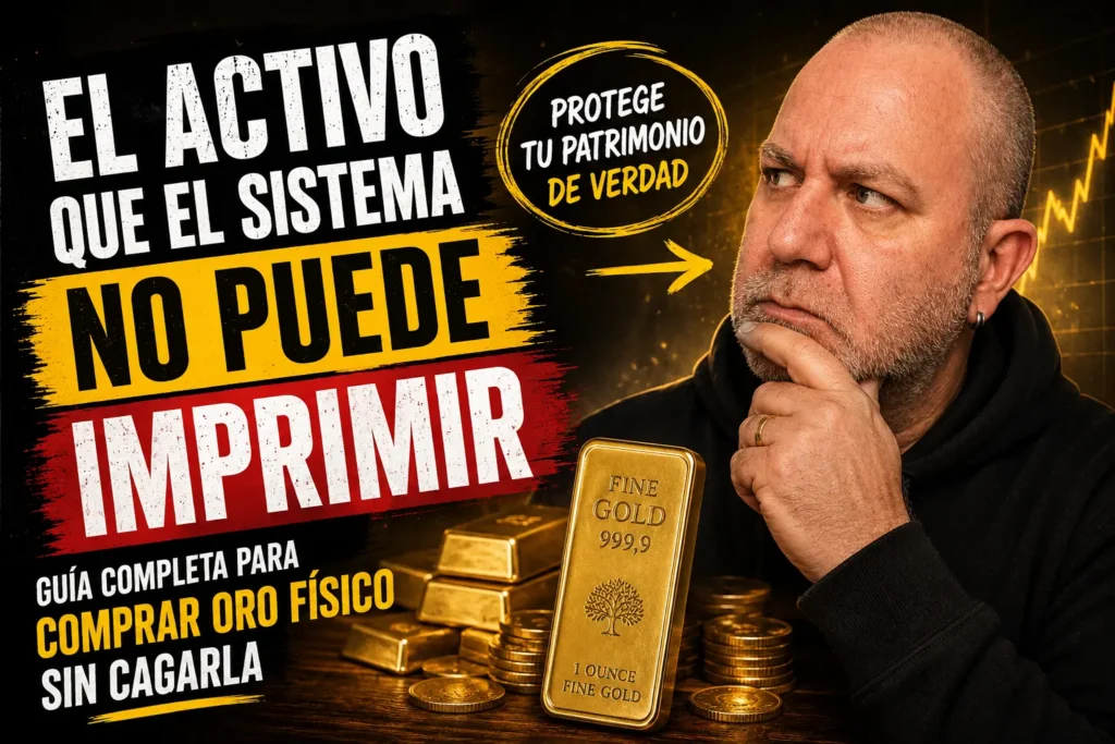 Javier Fuentes reflexionando sobre la compra de oro físico en España mientras analiza lingotes y monedas de inversión.
