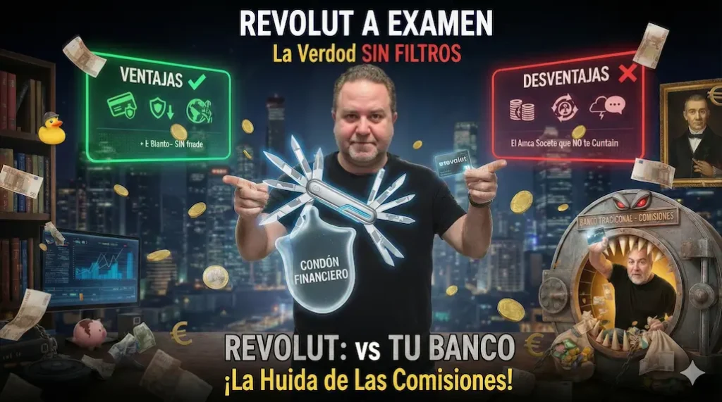 Análisis de Revolut. En primer plano, Javier Fuentes con camiseta negra mirando fijamente con expresión escéptica. Señala dos paneles holográficos: a la izquierda 'Ventajas' (verde) y a la derecha 'Desventajas' (rojo). En el centro flota una navaja suiza plateada con un escudo brillante con el texto 'Condón Financiero'. Fondo de oficina tecnológica nocturna con rascacielos. Detalles humorísticos de fondo: un pato de goma amarillo con sombrero en la estantería y una caja fuerte antigua con dientes cobrando vida. Texto principal: 'REVOLUT A EXAMEN: La Verdad SIN FILTROS' y 'REVOLUT vs TU BANCO'.