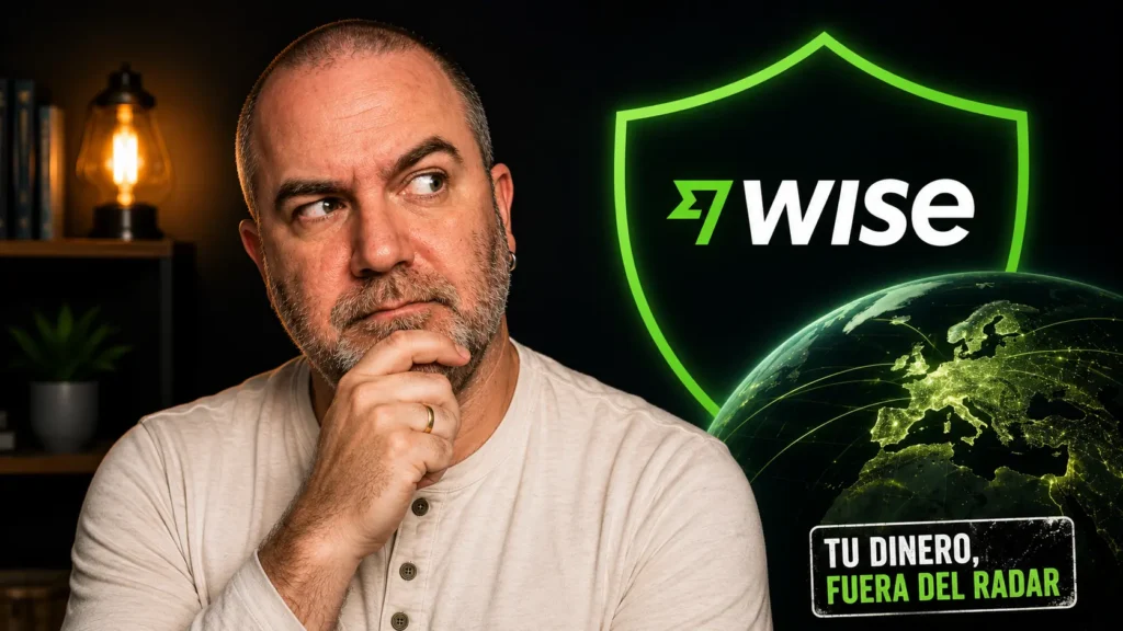 Javier Fuentes analizando Wise como escudo financiero para mover dinero fuera del banco tradicional, con un símbolo de protección y conexiones internacionales de fondo.
