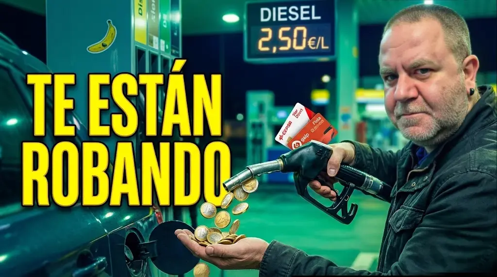 Javier Fuentes con gesto serio en una gasolinera nocturna. De la manguera del surtidor salen monedas de euro que caen en su mano, y tiene pegadas tarjetas de descuento Cepsa y Galp. El precio en el surtidor marca Diésel a 2,50€/L. Texto grande amarillo: 'TE ESTÁN ROBANDO'.