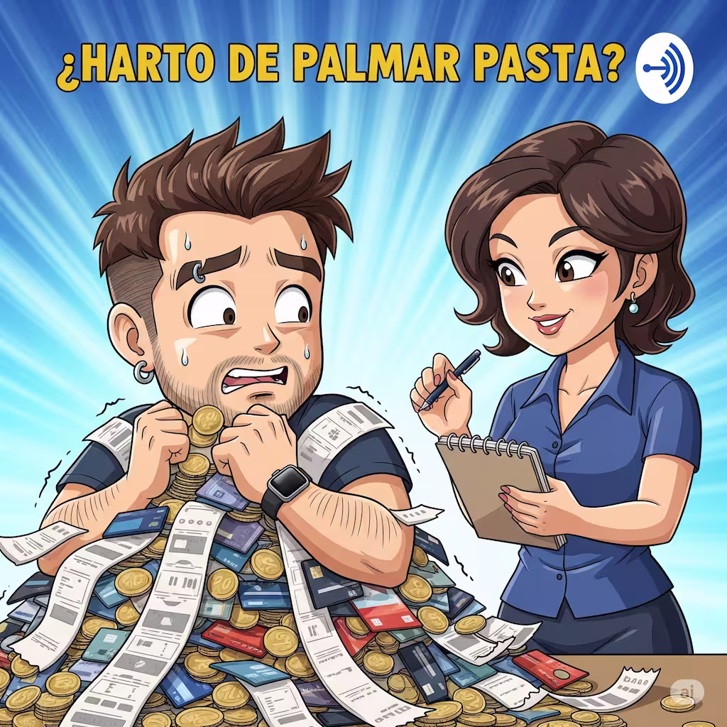 Un hombre estresado está sepultado por tarjetas de crédito y recibos, representando el desastre con el dinero. A su lado, una mujer le muestra la solución con una libreta, simbolizando el primer paso para tomar el control: apuntar los gastos.