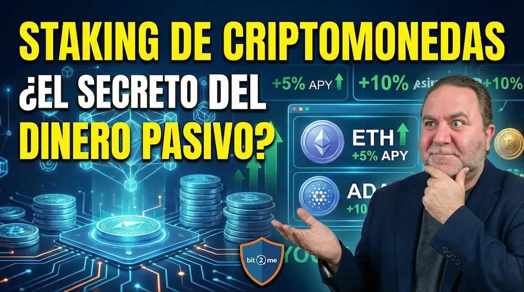Javier Fuentes con expresión de intriga revelando el secreto para ganar dinero con criptomonedas sin hacer trading. Texto en pantalla: "staking de criptomonedas ¿El secreto del dinero pasivo?". Imagen conceptual sobre cómo funcionan los ingresos pasivos mediante Staking.