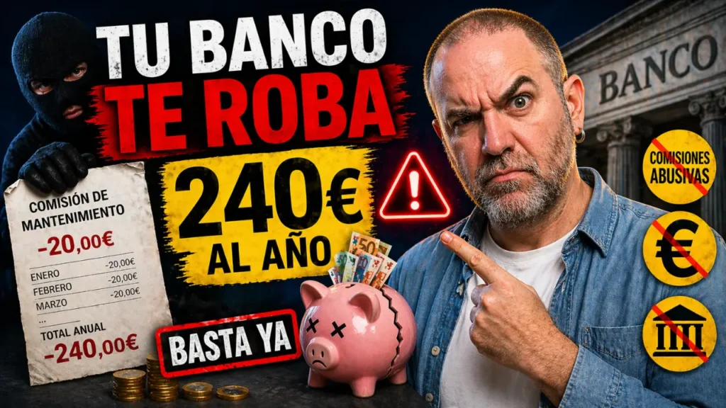 Javier Fuentes señalando el coste oculto de las comisiones de mantenimiento bancarias (240€ al año), con extracto de cargos y símbolos de alerta sobre abusos de los bancos