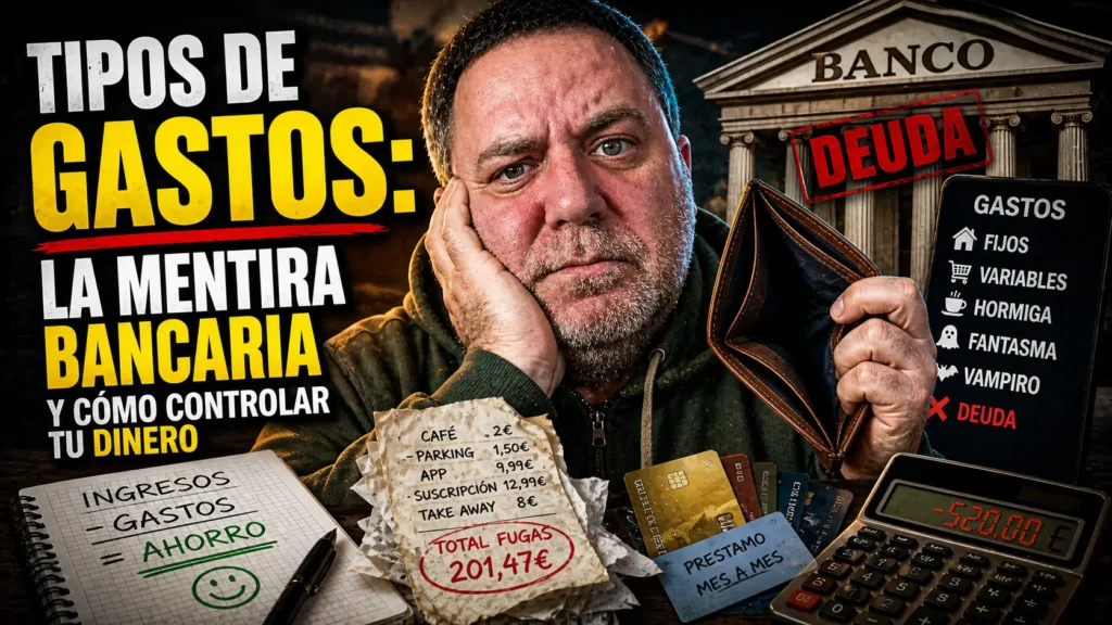 Javier Fuentes con cartera vacía y recibos de gastos personales, representando los tipos de gastos, la deuda disfrazada y el control del dinero en finanzas personales.