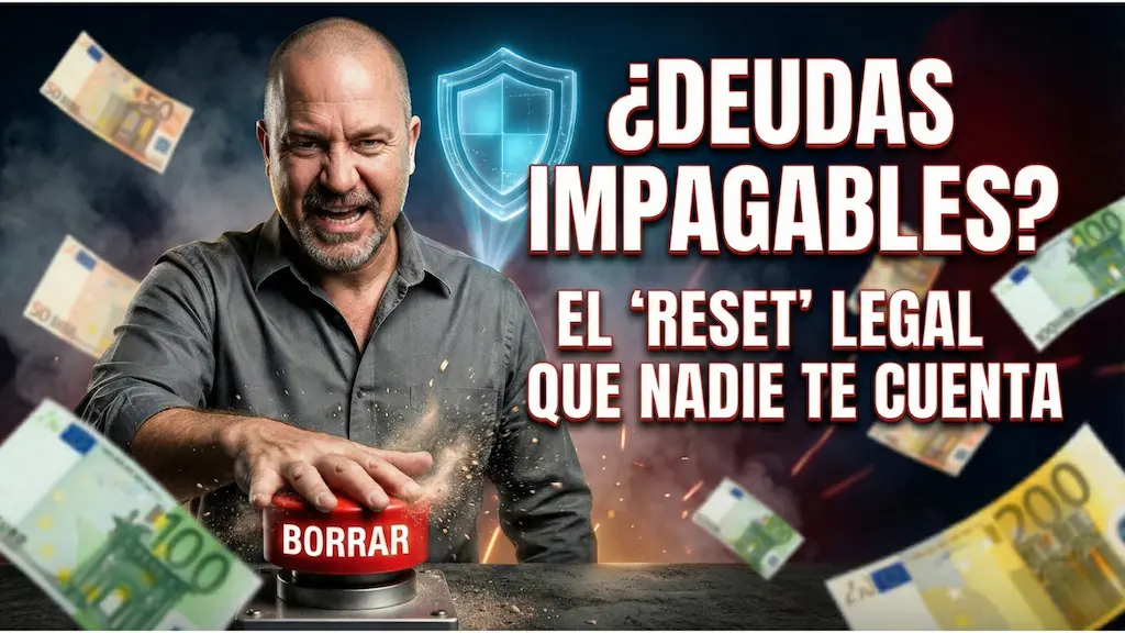 Javier Fuentes enfadado presiona con fuerza un botón rojo que dice "BORRAR", provocando una explosión de polvo y escombros. Alrededor de él flotan billetes de euro y un escudo digital azul. En la parte superior derecha, un texto blanco y rojo dice: "¿DEUDAS IMPAGABLES? EL 'RESET' LEGAL QUE NADIE TE CUENTA".