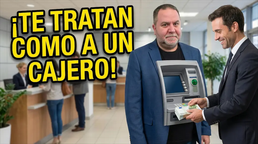 Texto grande amarillo a la izquierda: "¡TE TRATAN COMO A UN CAJERO!". A la derecha, Javier Fuentes, con chaqueta azul, con expresión resignada, tiene el torso convertido en un cajero automático funcional del cual un banquero sonriente extrae un fajo de billetes de euro. Fondo de vestíbulo bancario moderno.