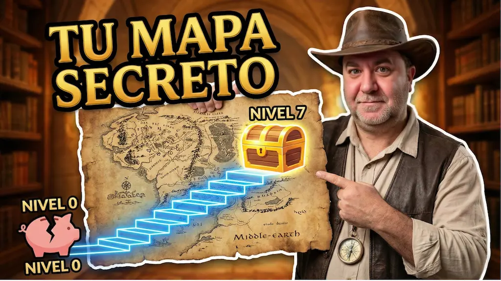 Con sombrero y chaleco de explorador, Javier, sonríe y señala un mapa del tesoro antiguo que sostiene. El mapa muestra una escalera azul brillante que va desde una hucha rota etiquetada "NIVEL 0" hasta un cofre del tesoro dorado etiquetado "NIVEL 7", con el texto "Middle-earth" visible. Un texto grande y dorado en la parte superior dice "TU MAPA SECRETO". El fondo es una biblioteca borrosa.