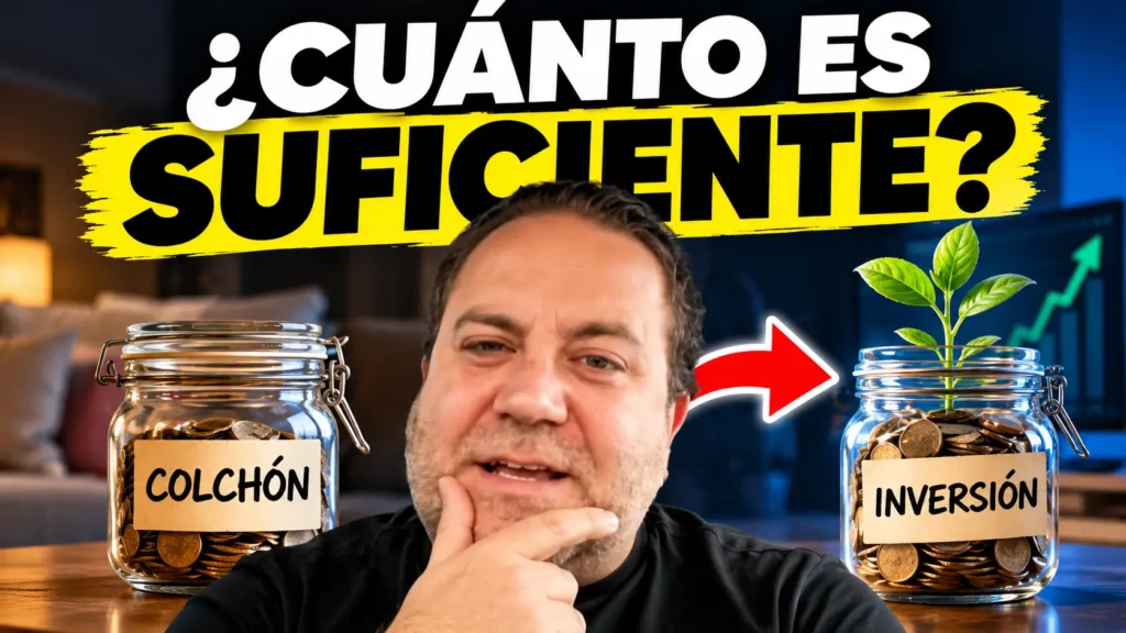 Javier Fuentes se plantea qué hacer con mis ahorros, frente a dos tarros de ahorro, «Colchón» e «Inversión», con una flecha entre ambos y el texto "¿Cuánto es suficiente?".