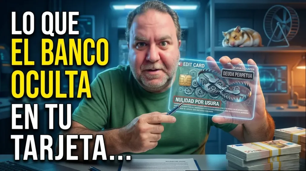Análisis visual de una tarjeta revolving. Javier Fuentes muestra una tarjeta transparente con mecanismos de trampa y texto 'DEUDA PERPETUA' en su interior, señalando la solución legal. Hámster exhausto en rueda en el fondo.