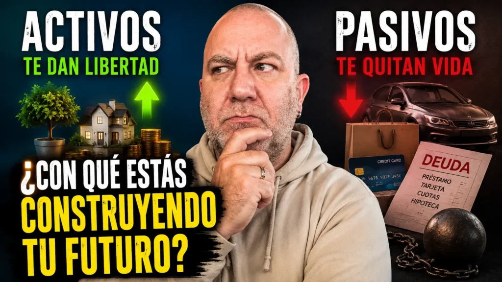 Javier Fuentes dudando entre activos que dan libertad y pasivos que quitan vida, con símbolos de inversión, deuda, coche financiado y cuotas para explicar la diferencia entre activos y pasivos.