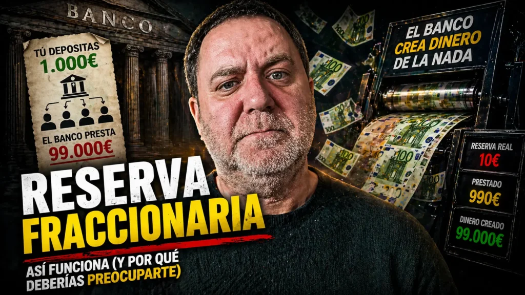 Javier Fuentes con expresión seria frente a un banco y una máquina de imprimir dinero, explicando cómo la reserva fraccionaria permite crear dinero de la nada a partir de los depósitos bancarios.