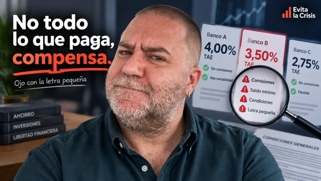 Javier Fuentes comparando cuentas remuneradas y revisando la letra pequeña para encontrar la mejor rentabilidad real sin comisiones.