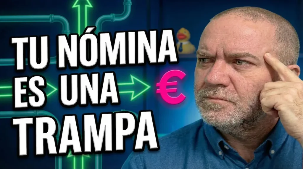 Javier Fuentes con gesto pensativo y el dedo en la sien. A su lado, un texto grande y llamativo dice 'TU NÓMINA ES UNA TRAMPA'. De fondo, tuberías y flechas de neón verde, un símbolo de euro en rosa brillante y un pato de goma con corbata en una estantería.