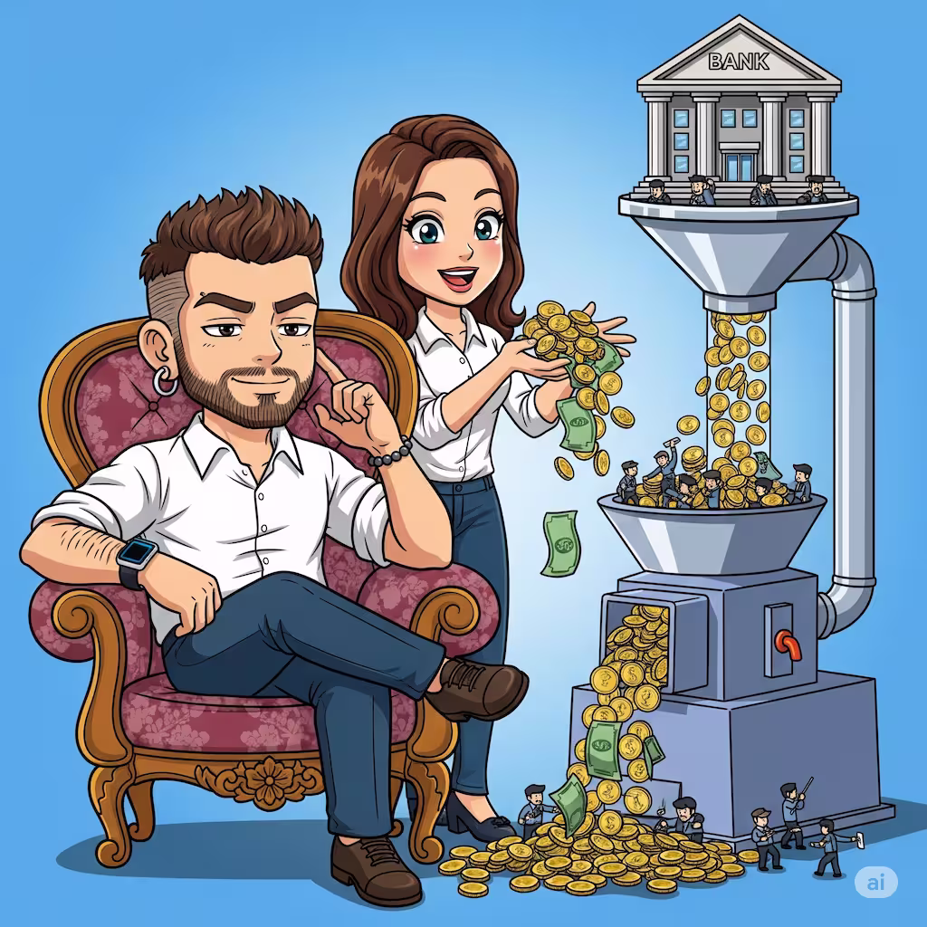 Un hombre con barba y pendiente se relaja en un sillón mientras una máquina de dibujos animados convierte el 'tiempo y dinero de otros' (representados por un banco y trabajadores diminutos) en un flujo constante de euros. A su lado, una mujer sonriente recoge este dinero, simbolizando el lujo pagado por los flujos de efectivo y no por el trabajo directo.