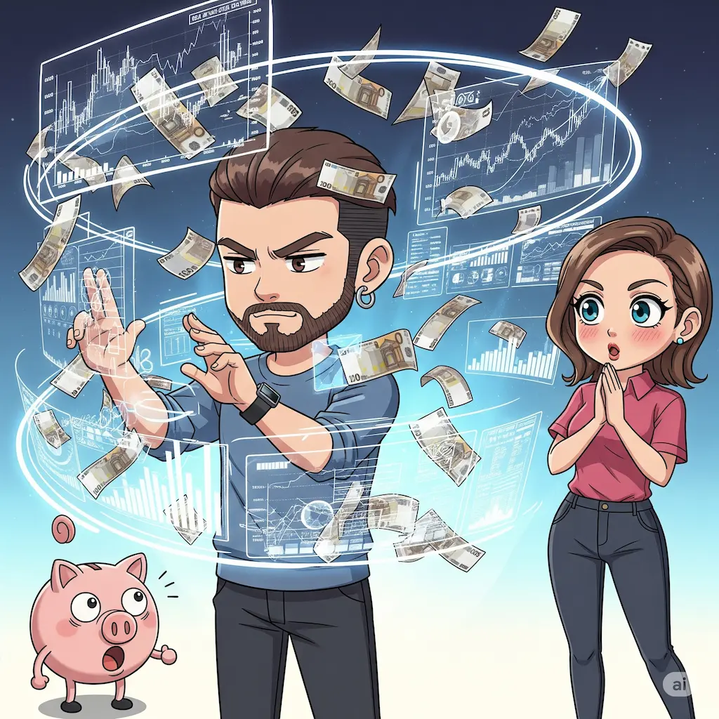 Un hombre con barba y un smartwatch controla sus finanzas a través de una interfaz de inteligencia artificial, domando billetes de euro y gráficos voladores, mientras una mujer y un cerdito hucha le observan con asombro y diversión.