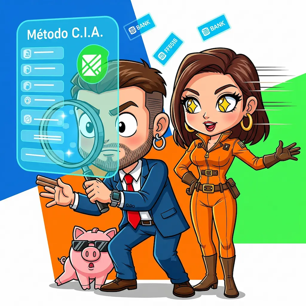 Un hombre y una mujer, actúan como agentes secretos para elegir el mejor banco online. El hombre, con barba y un pendiente, examina con una lupa un holograma con logos de bancos, mientras la mujer le señala la mejor opción. A sus pies, una hucha de cerdito con gafas de sol observa la escena. El holograma muestra el texto "Método C.I.A.".