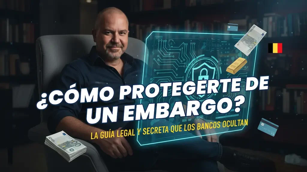 Javier Fuentes sentado sonriendo, con un fondo de biblioteca difuminado. Sobre su regazo y a los lados, flotan elementos gráficos futuristas de ciberseguridad, un candado digital y un circuito. También aparecen billetes de euro, lingotes de oro, tarjetas bancarias y una bandera de Bélgica. El título superpuesto en blanco dice: '¿CÓMO PROTEGERTE DE UN EMBARGO? LA GUÍA LEGAL Y SECRETA QUE LOS BANCOS OCULTAN'.