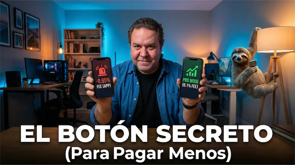 Javier Fuentes mostrando dos teléfonos móviles para comparar comisiones en Bit2Me. El teléfono izquierdo muestra una pantalla roja de alerta con tarifas altas (App), y el derecho una pantalla verde con el Modo Pro y tarifas bajas (0.1%). De fondo, un perezoso cuelga de una lámpara de escritorio usando un móvil. Texto superpuesto: EL BOTÓN SECRETO (Para Pagar Menos).