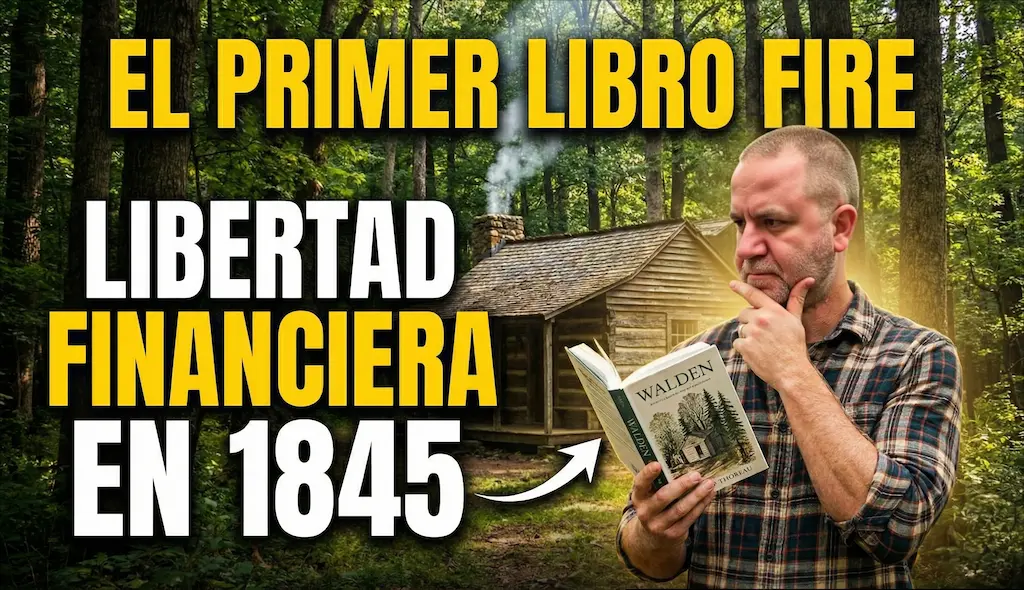 Javier Fuentes leyendo pensativo el libro Walden de Henry David Thoreau frente a una cabaña en el bosque. Texto grande: El Primer Libro FIRE: Libertad Financiera en 1845.