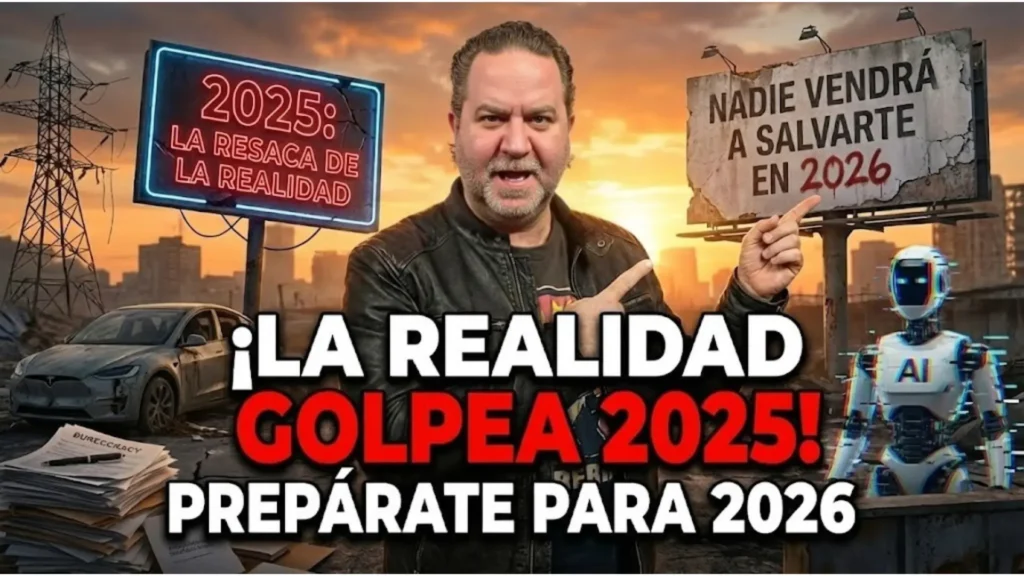 Javier Fuentes en un escenario distópico al atardecer, rodeado de un coche Tesla estrellado, un robot de IA y ruinas. Señala carteles con los textos '2025: La resaca de la realidad' y 'Nadie vendrá a salvarte en 2026'. El texto principal superpuesto en rojo y blanco dice: '¡LA REALIDAD GOLPEA 2025! PREPÁRATE PARA 2026'.