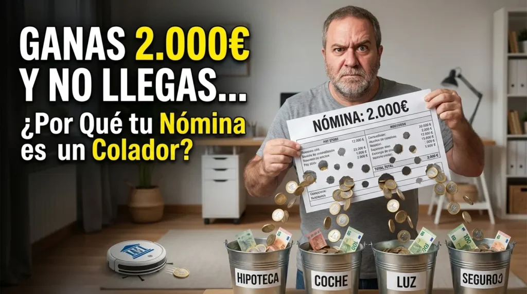 La trampa de los gastos fijos. Javier Fuentes sostiene una nómina de 2.000€ llena de agujeros como un colador, por donde se escapan monedas hacia cubos de 'Hipoteca', 'Coche', 'Luz'. Un robot aspirador bancario recoge dinero al fondo. Texto: 'LA TRAMPA DE LOS GASTOS FIJOS: POR QUÉ ERES POBRE GANANDO 2.000€'.