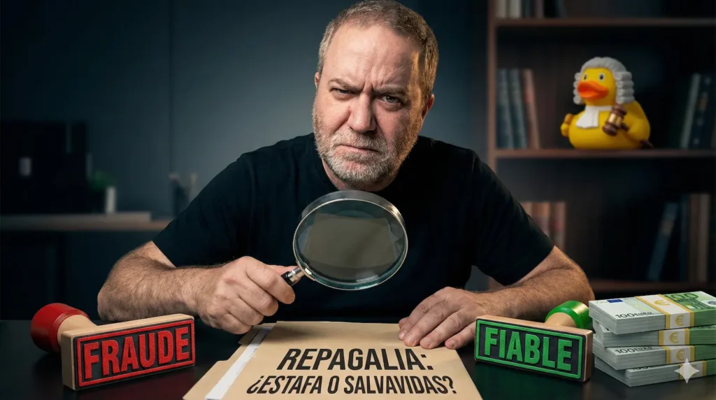 Análisis Repagalia opiniones 2026. Javier Fuentes con expresión escéptica examinando con lupa un expediente para verificar si es estafa o fiable, con sellos de validación y un pato de goma vestido de juez al fondo.
