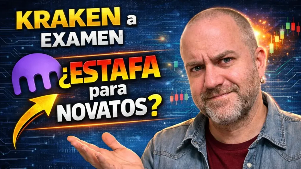 Destaca el texto “Kraken a examen: ¿estafa para novatos?” y Javier Fuentes con gesto escéptico señalando la duda sobre comisiones ocultas en el exchange Kraken Pro, fondo digital con gráficos de criptomonedas