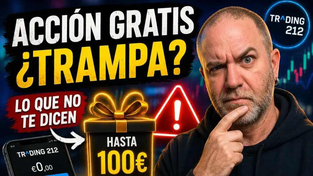 Javier Fuentes con gesto escéptico ante una posible trampa en una promoción de acción gratis, con iconos de alerta, regalo y gráficos bursátiles que sugieren riesgo oculto en Trading 212.