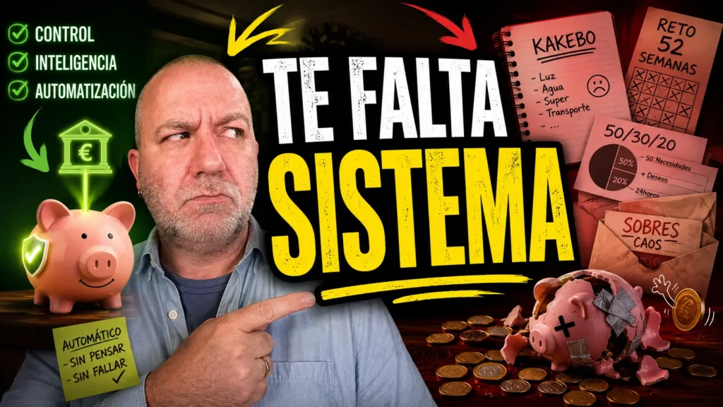 Javier Fuentes señalando el error de ahorrar sin sistema, con una hucha rota y elementos de ahorro desordenados para explicar por qué muchos métodos de ahorro no funcionan.