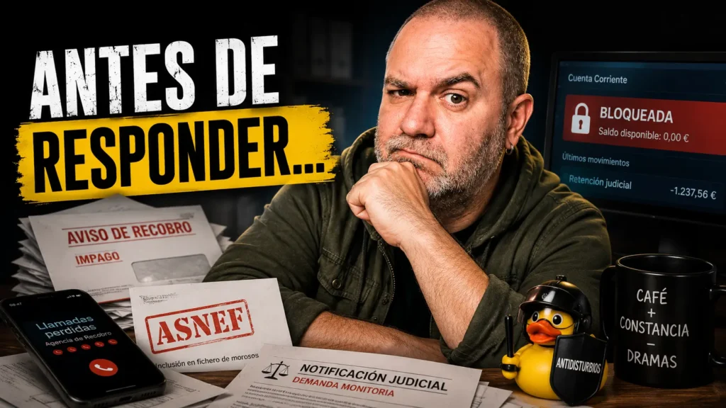 Javier Fuentes ante avisos de recobro, ASNEF y cuenta bloqueada, mostrando qué hacer antes de responder a una deuda, demanda monitoria o embargo.