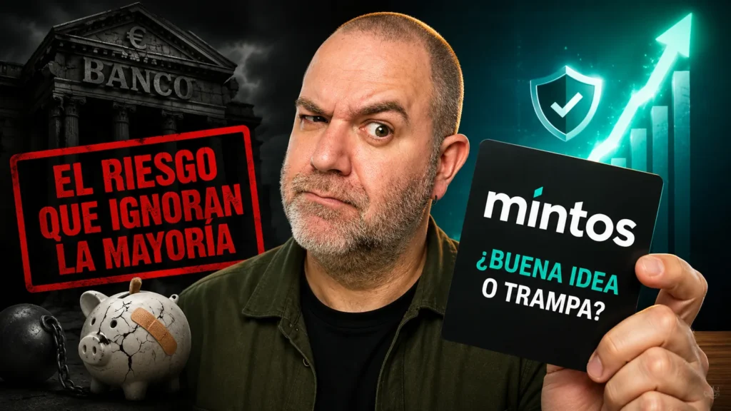 Javier Fuentes analizando si Mintos es una buena idea o una trampa de riesgo, con una hucha rota, un banco oscuro y una tarjeta de Mintos como símbolo del crowdlending.