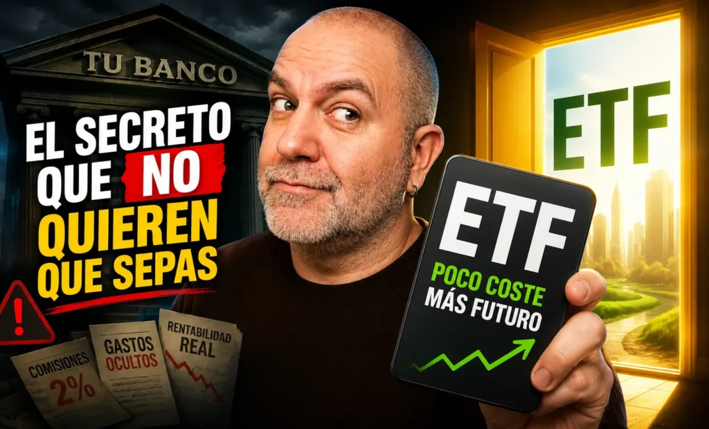 Javier Fuentes mostrando un ETF como alternativa de inversión sencilla frente a un banco oscuro, con guiño a las comisiones ocultas y a por qué los bancos no suelen recomendar ETFs.