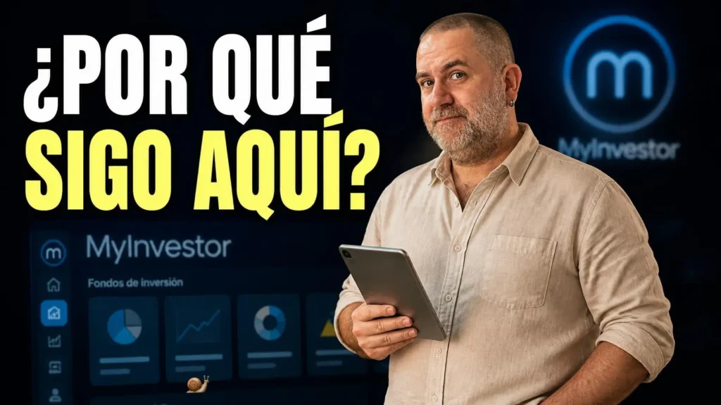 Javier Fuentes analizando MyInvestor con expresión irónica en una imagen sobre su experiencia con los fondos de inversión y las ventajas e inconvenientes de la plataforma.