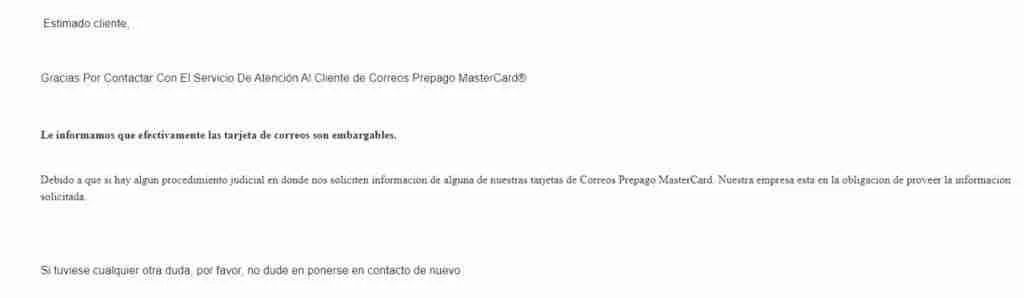 Respuesta de Correos sobre embargabilidad de su tarjeta prepago